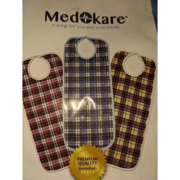 Medokare Adult Bibs Premium Waterproof Clothing Protector Plaid Pattern‎ 3 Pack - Picture 2 of 4